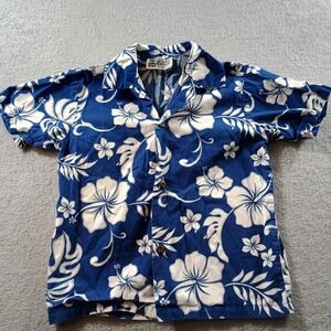 Aloha Republic Boys Shirt Blue White Hibiscus Floral Size S Made in Hawaii‎